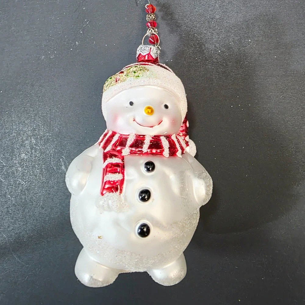 Snowman Blown Glass Christmas Ornament White Red Striped Scarf 4.75